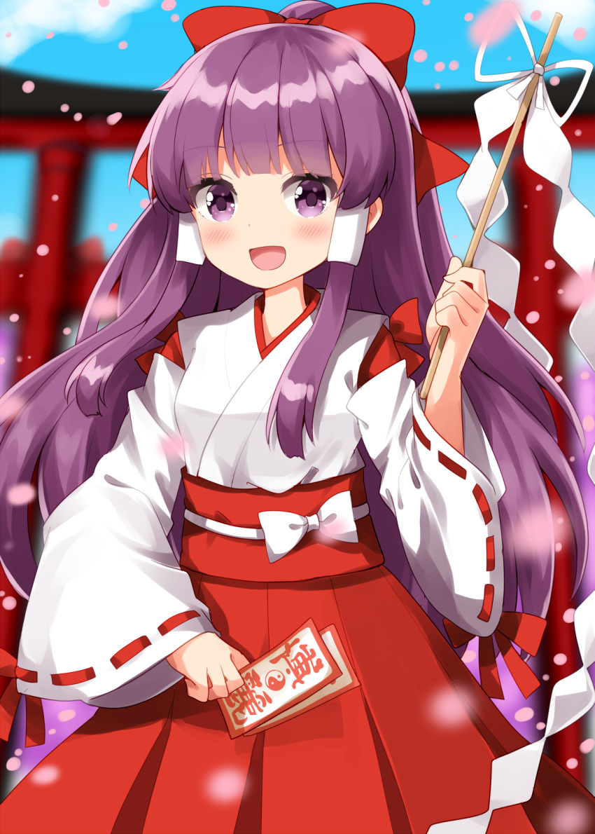 1girl, between_fingers, blue_sky, blurry, blush, bow, commentary_request, completion_time