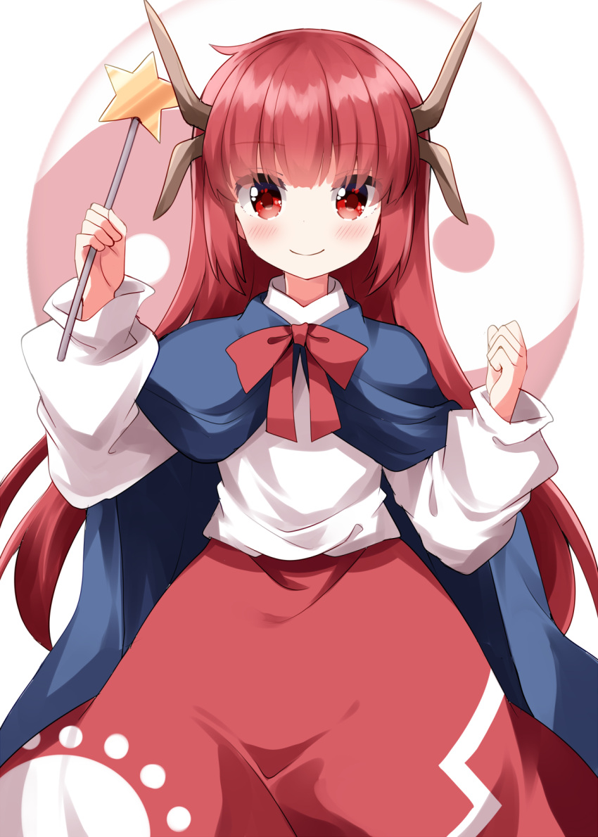 1girl, blue_cape, blush, bow, bowtie, cape, closed_mouth, commentary_request