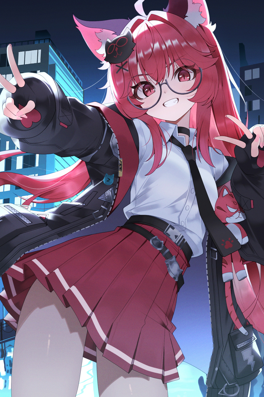 1girl, absurdres, animal_ear_fluff, animal_ears, black-framed_eyewear, black_gloves, black_jacket, cat_ears
