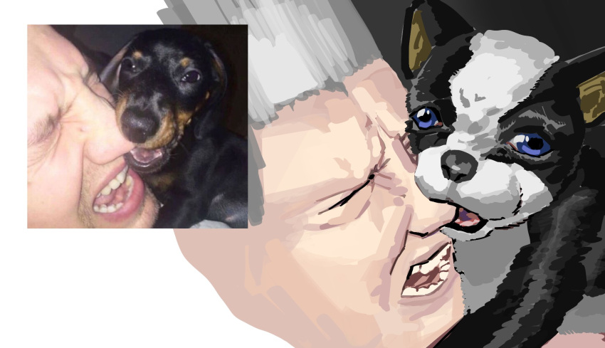 >_<, 1boy, biting_nose, blue_eyes, boston_terrier, close-up, closed_eyes, dog