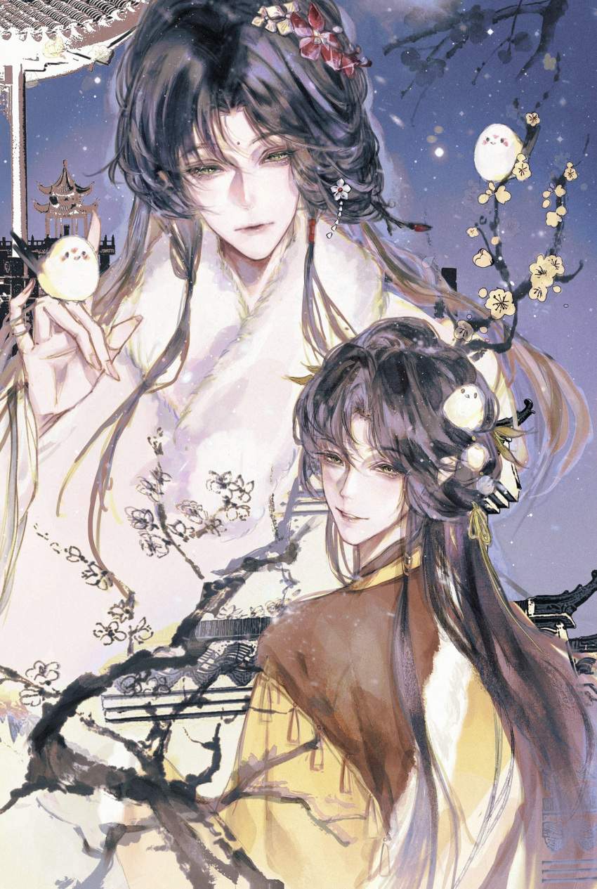 bird, bird_on_hand, black_hair, branch, chinese_clothes, commentary_request, facial_mark, flower