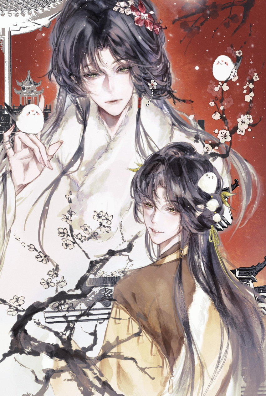 bird, bird_on_hand, black_hair, branch, chinese_clothes, commentary_request, facial_mark, flower