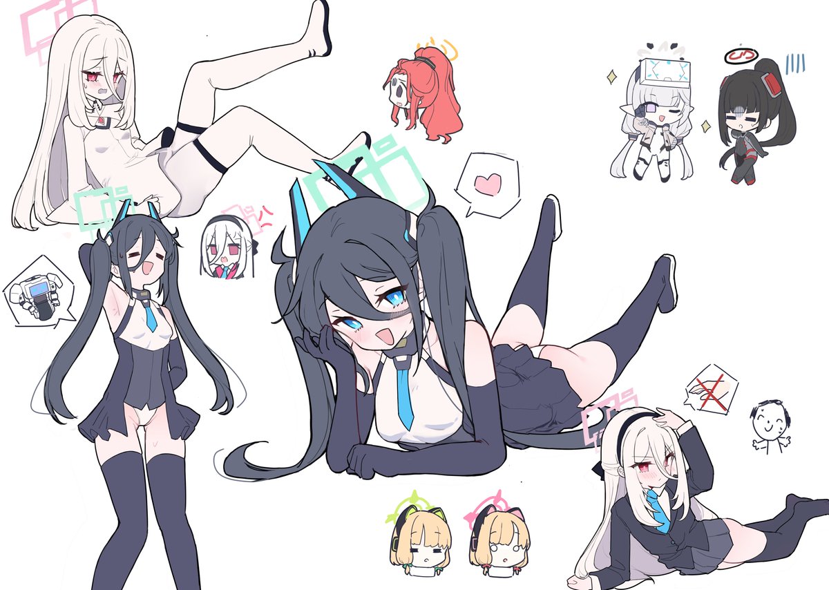1boy, 6+girls, aris_(armed)_(blue_archive), aris_(blue_archive), ass, ass_visible_through_thighs, black_gloves, black_hair, black_skirt, black_thighhighs, blonde_hair, blue_archive, blue_bow, blue_bowtie, blue_eyes, bow, bowtie, breasts, commentary, gloves, himari_(blue_archive), humanoid_robot, kei_(blue_archive), long_hair, looking_at_viewer, midori_(blue_archive), momoi_(blue_archive), multiple_girls, orange_hair, panties, pink_eyes, rio_(armed)_(blue_archive), rio_(blue_archive), robot, s09djpfg3vnj2y7, school_uniform, sensei_(blue_archive), shirt, short_hair, skirt, small_breasts, smile, tail_in_hair, thigh-highs, underwear, untranslatable_commentary, white_background, white_hair, white_panties, white_shirt, wide_hips, yuzu_(blue_archive)