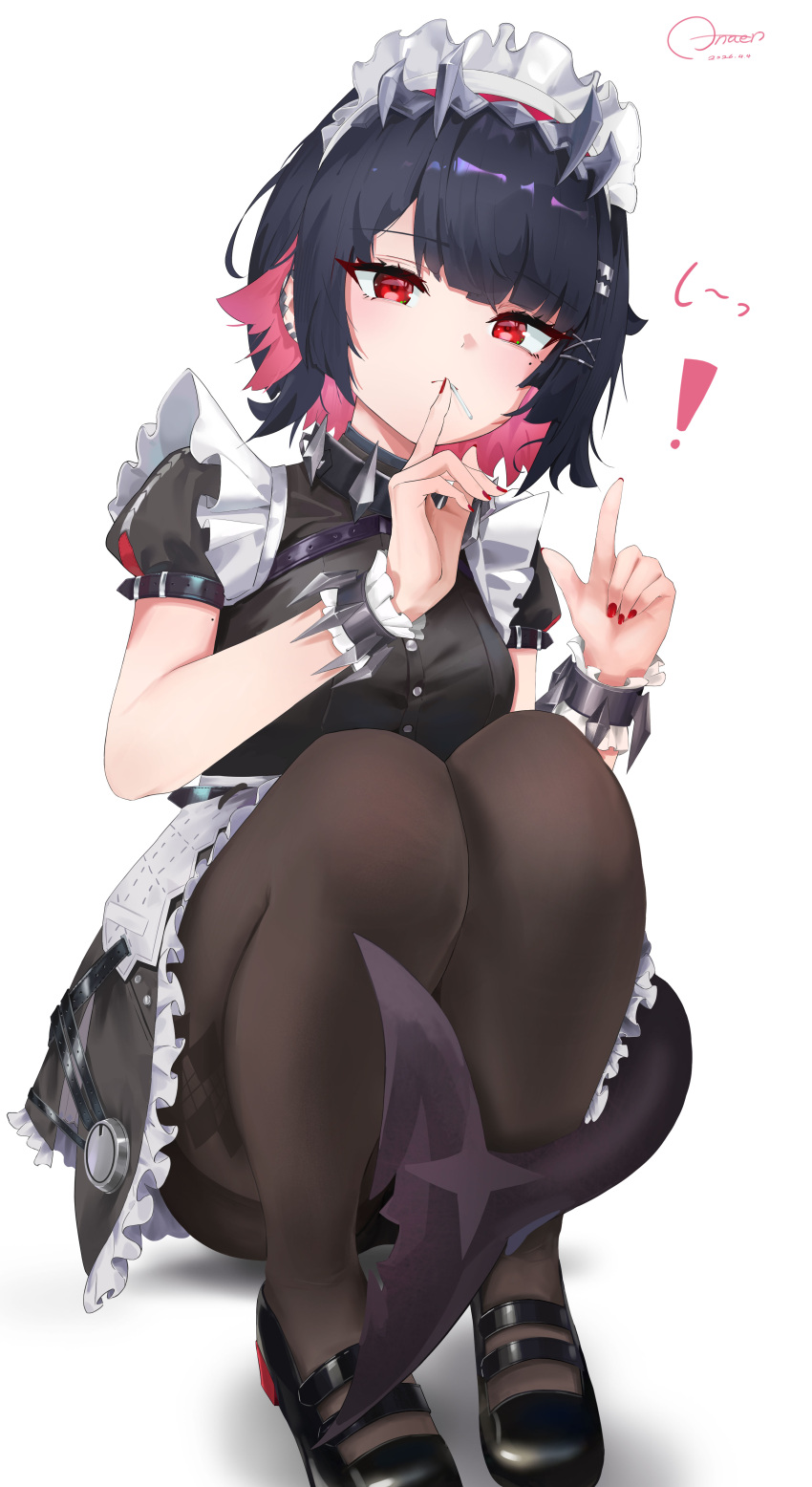 !, 1girl, absurdres, anaen, black_hair, black_pantyhose, blush, breasts