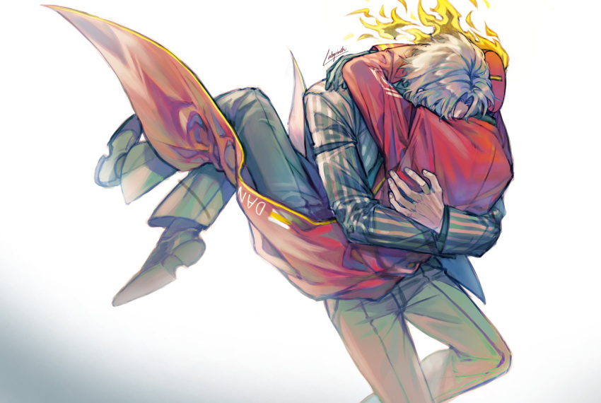 1boy, 1other, black_pants, black_shoes, clock, coat, dante_(limbus_company), fire