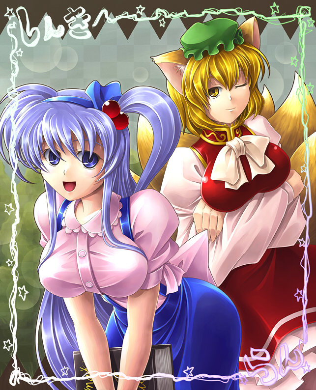 alice_margatroid, alice_margatroid_(cosplay), alice_margatroid_(pc-98), animal_ears, blonde_hair, blue_eyes, blue_hair, book, breasts, chen, chen_(cosplay), cosplay, crossed_arms, fox_ears, fox_tail, hair_bobbles, hair_ornament, hairband, hat, koto_tsubane, large_breasts, long_hair, multiple_girls, multiple_tails, shinki, short_hair, side_ponytail, tail, touhou, touhou_(pc-98), very_long_hair, wink, yakumo_ran, yellow_eyes