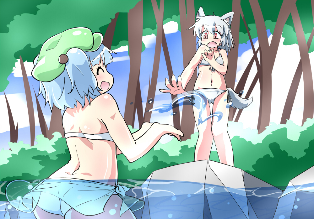 animal_ears, bare_shoulders, bikini, blue_hair, blush, forest, geperu, hat, inubashiri_momiji, kawashiro_nitori, multiple_girls, nature, no_hat, no_headwear, obyaa, open_mouth, river, sarong, short_hair, side-tie_bikini, silver_hair, splash, splashing, swimsuit, tail, touhou, twintails, water, wolf_ears, wolf_tail