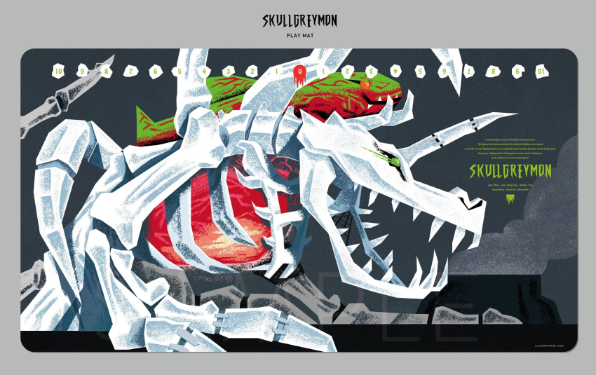 character_name, claws, commentary_request, digimon, digimon_(creature), dinosaur, green_eyes, highres, horns, missile, monster, no_humans, oo_gaku_oo, open_mouth, sharp_teeth, single_horn, skeleton, skullgreymon, solo, teeth, volcano