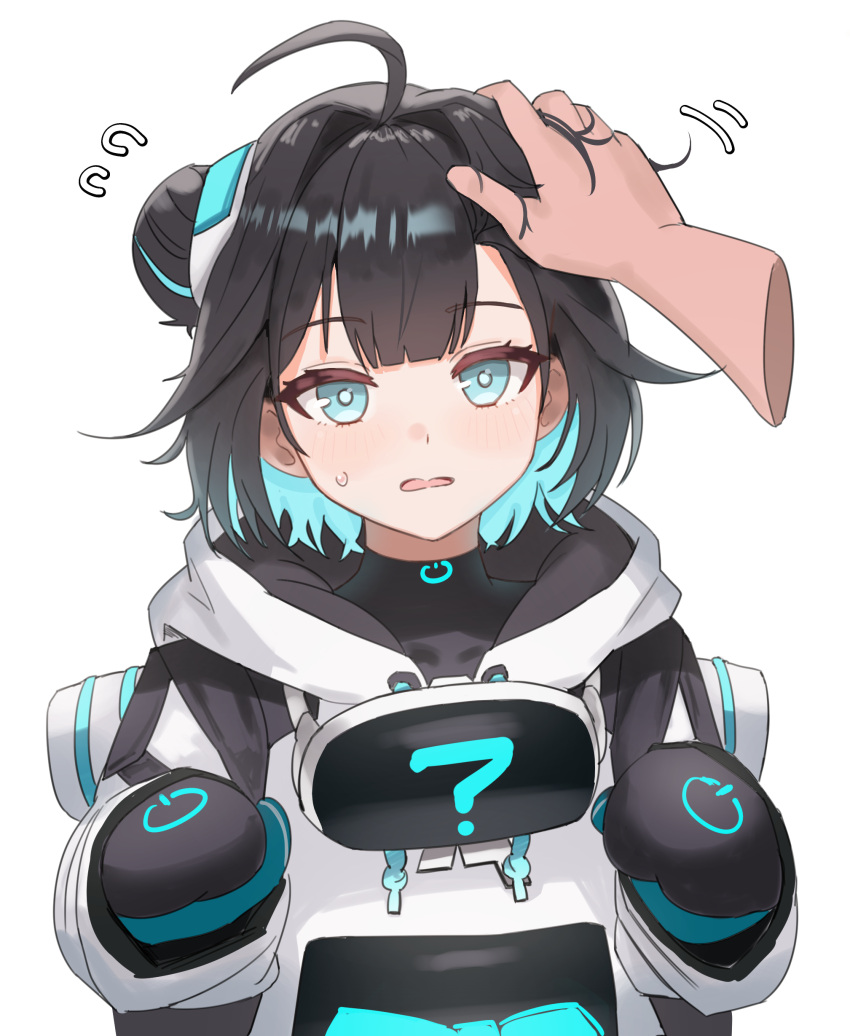 1girl, absurdres, aqua_eyes, black_survival, blush, commentary_request, eternal_return:_black_survival, gloves, headpat, highres, hime_cut, hood, hoodie, korean_commentary, looking_at_viewer, lumi_(black_survival), lynnz, multicolored_hair, neon_trim, open_mouth, short_hair, sweat