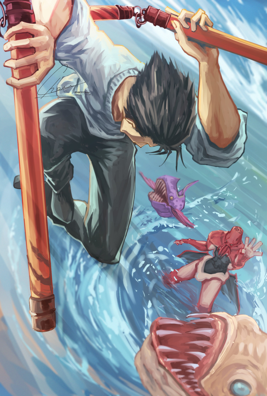 1boy, 1other, black_hair, black_pants, black_shoes, commentary_request, cursed_spirit_(jujutsu_kaisen), dagon_(jujutsu_kaisen)