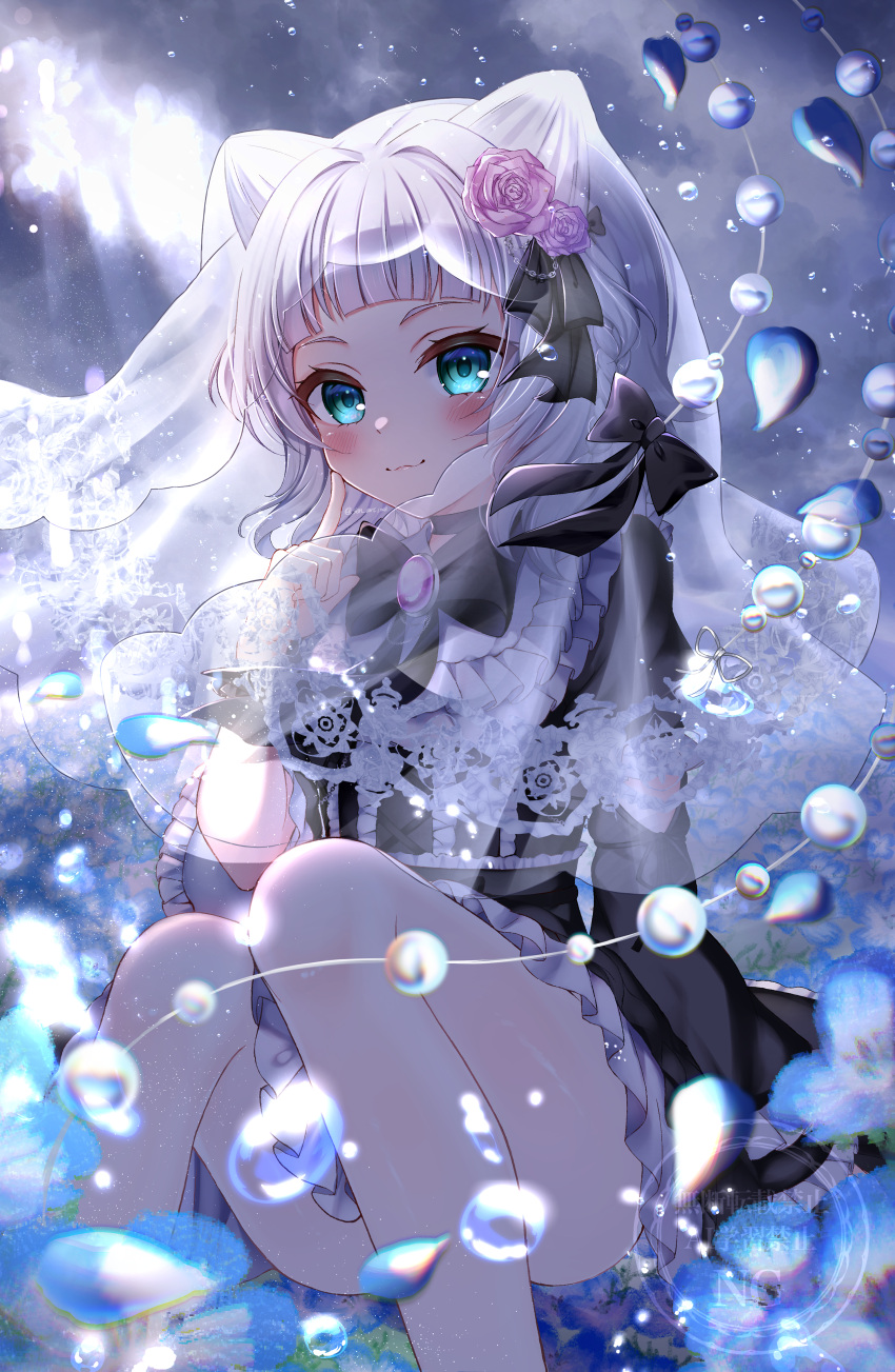 1girl, absurdres, air_bubble, animal_ears, black_bow, blue_eyes, blush, bow, bubble, cat_ears, closed_mouth, commentary_request, dress, flower, frills, gothic_lolita, hair_bow, hair_flower, hair_ornament, highres, kashiwagi_mia, lolita_fashion, long_hair, night, ongeki, ribbon, rose, sen_chan_(akane1023), shirt, smile, solo, tears, twintails, underwater, white_hair, white_shirt