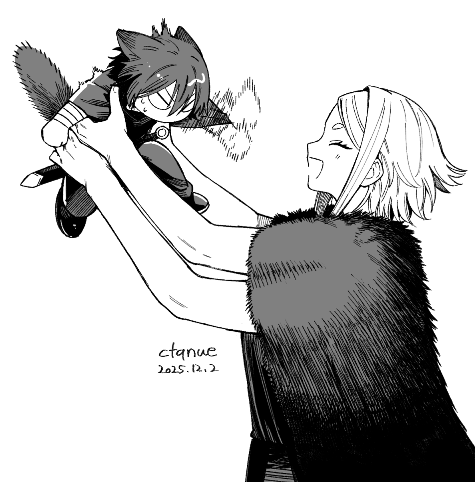 1boy, 1girl, angry, animal_ears, artist_name, cape, cat_boy, cat_ears