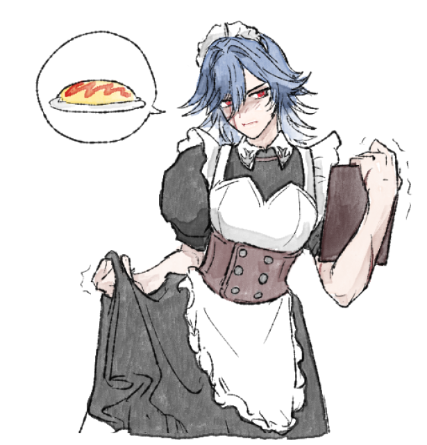1girl, apron, black_dress, black_skirt, blue_hair, blush, brown_corset, ceto_(path_to_nowhere)