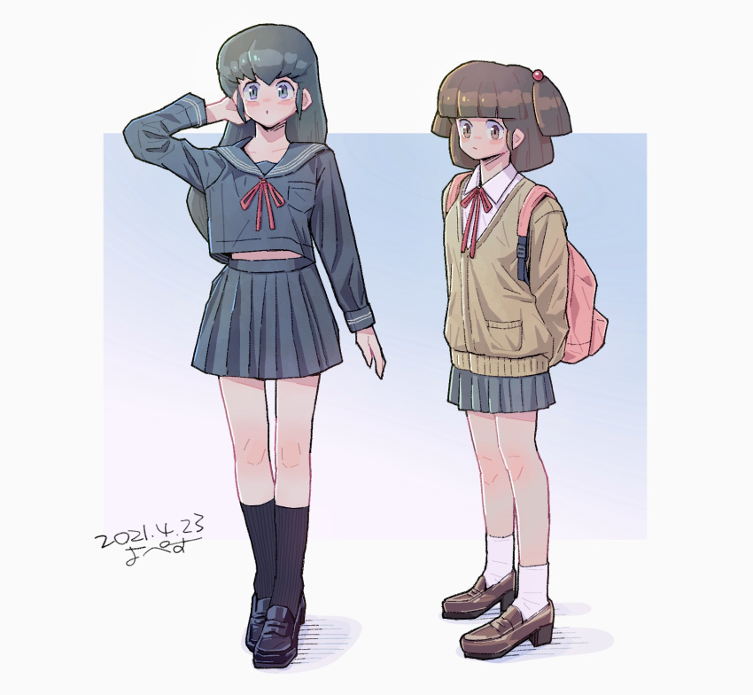 2girls, artist_name, backpack, bag, black_shoes, black_socks, bow, brown_hair