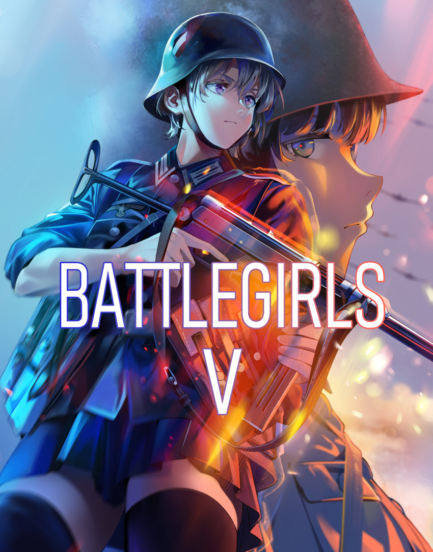 1girl, battlefield_(series), battlefield_v, black_thighhighs, combat_helmet, commentary_request, gun, helmet