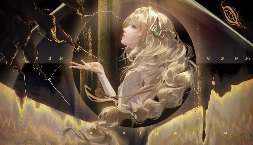 1girl, backless_dress, backless_outfit, blonde_hair, braid, braided_ponytail, dress, from_side, hand_up, highres, hypatia_(path_to_nowhere), low_ponytail, path_to_nowhere, ponytail, profile, single_braid, solo, taoguangyanghuidezaozaomao, upper_body, white_dress