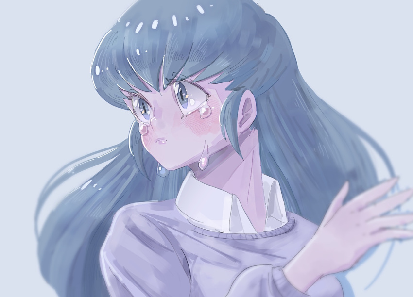 1girl, blue_eyes, blush, collar, commentary_request, crying, crying_with_eyes_open, grey_background
