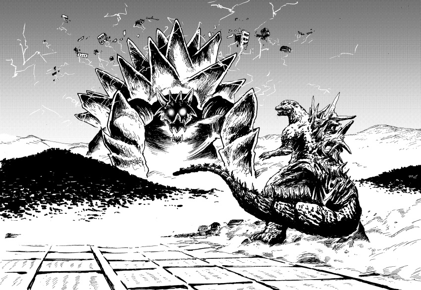 2boys, absurdres, anguirus, crazypapaw, electricity, glowing, glowing_eyes, godzilla, godzilla_(minus_one), godzilla_minus_zero, gravity_anguirus_(meme), highres, kaiju, meme, monster, mounting, multiple_boys, size_difference, spikes, telekinesis