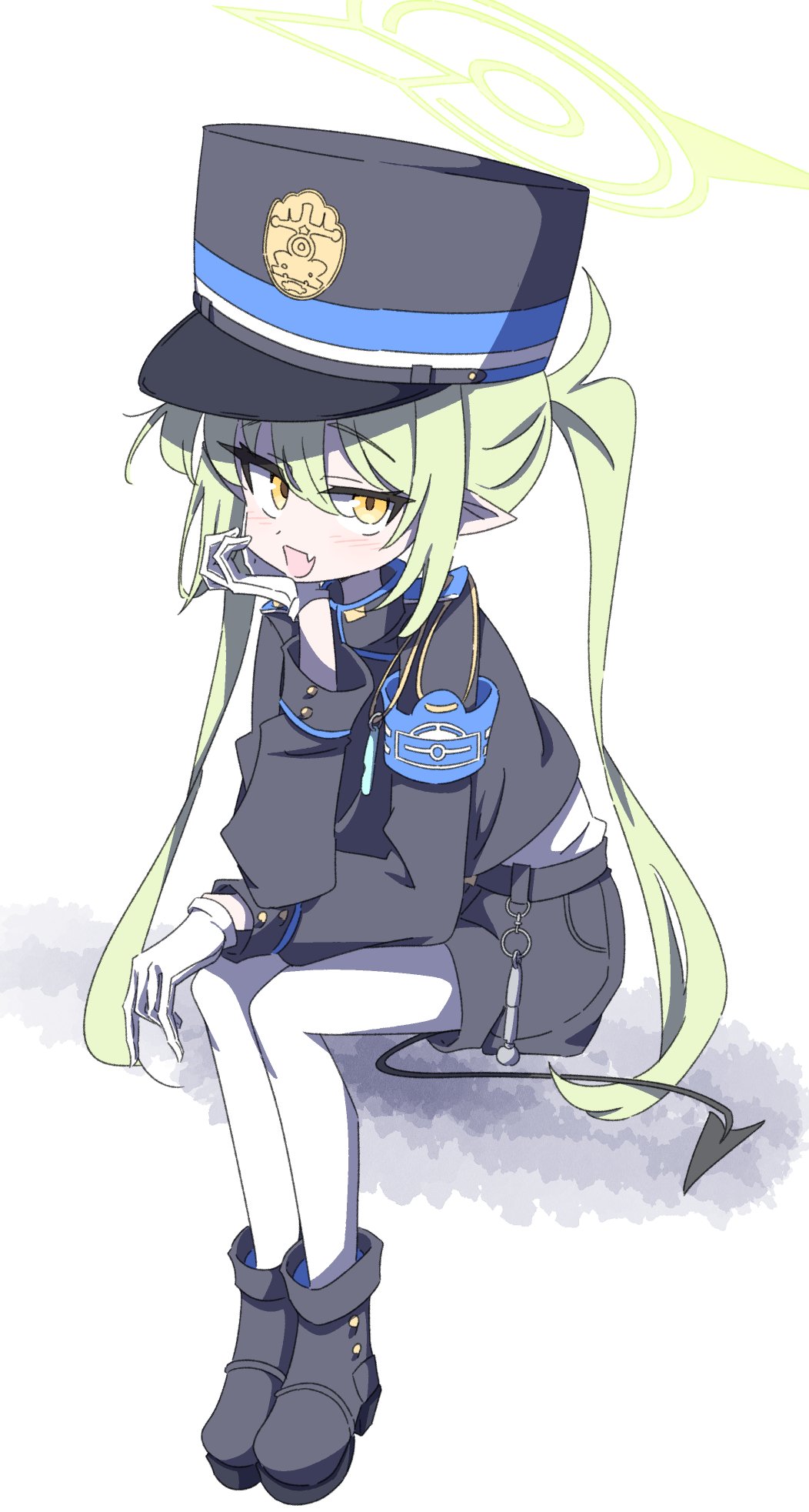 armband, blue_archive, blue_armband, demon_tail, fang, fugu43, gloves, green_hair
