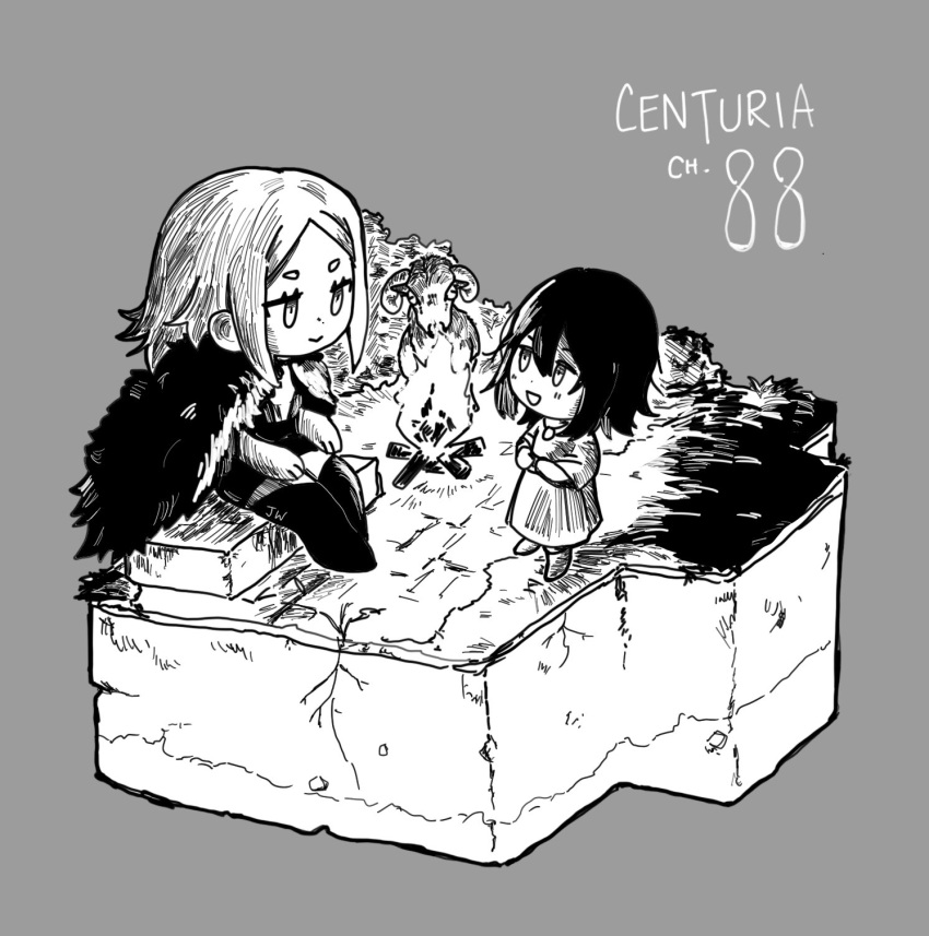 1julian1day, animal, campfire, centuria_(manga), chibi, chibi_only, child, coat, commentary, copyright_name, diana_(centuria), fur_coat, goat, grey_background, hair_between_eyes, highres, lalawag, monochrome, multiple_girls, short_hair, vulja_(centuria)
