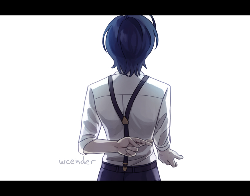 1boy, ahoge, arm_behind_back, artist_name, black_pants, blue_hair, commentary, crossed_fingers