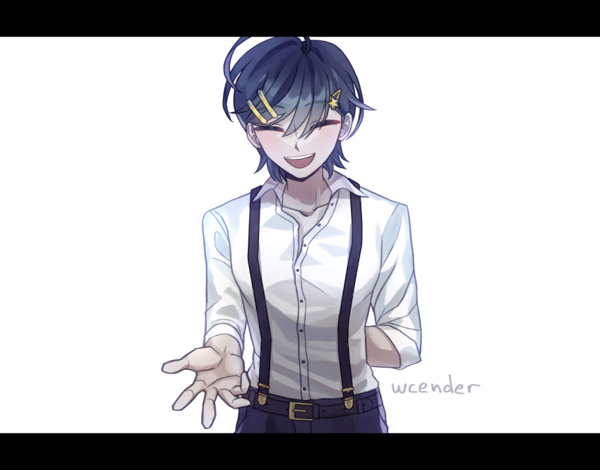 1boy, ^_^, ahoge, arm_behind_back, artist_name, belt, black_pants, blue_hair, buttons, closed_eyes, collared_shirt, commentary, danganronpa:_despair_time, david_chiem, english_commentary, facing_viewer, false_smile, grin, hair_between_eyes, hair_ornament, hairclip, open_collar, open_hand, outstretched_hand, pants, parallel_hairclips, partially_unbuttoned, reaching, reaching_towards_viewer, shirt, simple_background, sleeves_rolled_up, smile, solo, star_(symbol), star_hair_ornament, suspenders, triangle_hair_ornament, wcender, white_background, white_shirt