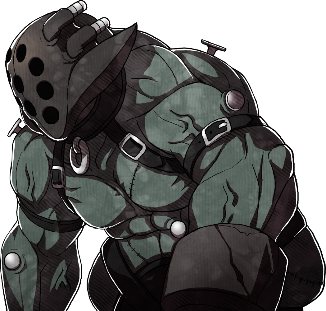 artist_request, belt, black_belt, collar, colored_skin, cowboy_shot, faceless_(fire_emblem), facing_ahead, fire_emblem, fire_emblem_fates, green_skin, mask, metal_collar, metal_mask, monster, monster_focus, muscular, no_humans, official_art, simple_background, solo, standing, stitches, third-party_source, transparent_background, veins