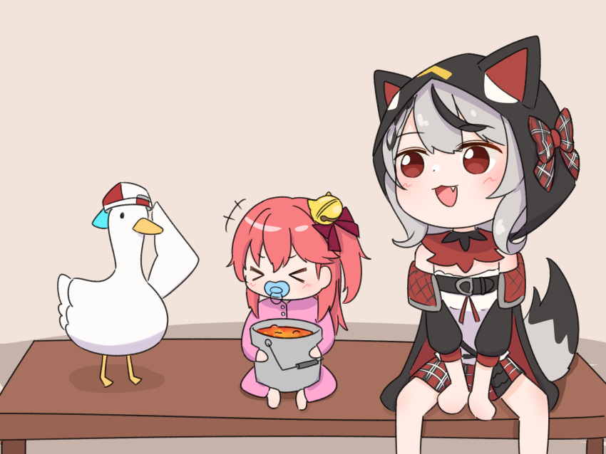 >_<, aged_down, animal_ears, black_jacket, black_streaks, bucket_of_lava, camisole, commentary_request, fang, grey_hair, highres, hololive, jacket, long_hair, looking_at_viewer, medium_hair, morotade_kudou, multicolored_hair, one_side_up, pacifier, red_eyes, sakamata_chloe, sakamata_chloe_(1st_costume), sakura_miko, streaked_hair, subaru_duck, tail, virtual_youtuber, white_camisole, wolf_ears, wolf_girl, wolf_tail