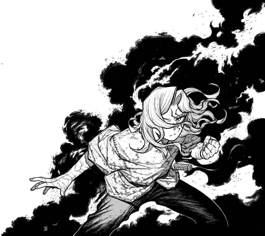 1boy, centuria_(manga), clenched_hand, clouds, commentary_request, dagger, dark_cloud, facial_mark
