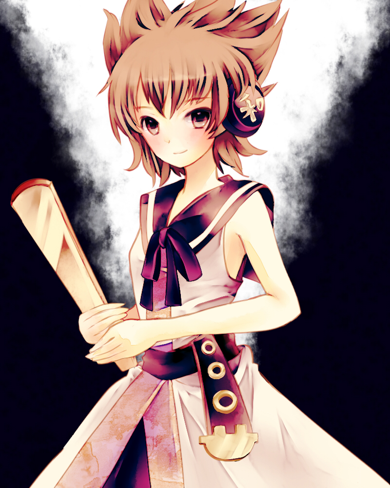 brown_hair, bust, dress, earmuffs, headphones, pochiron, ritual_baton, sash