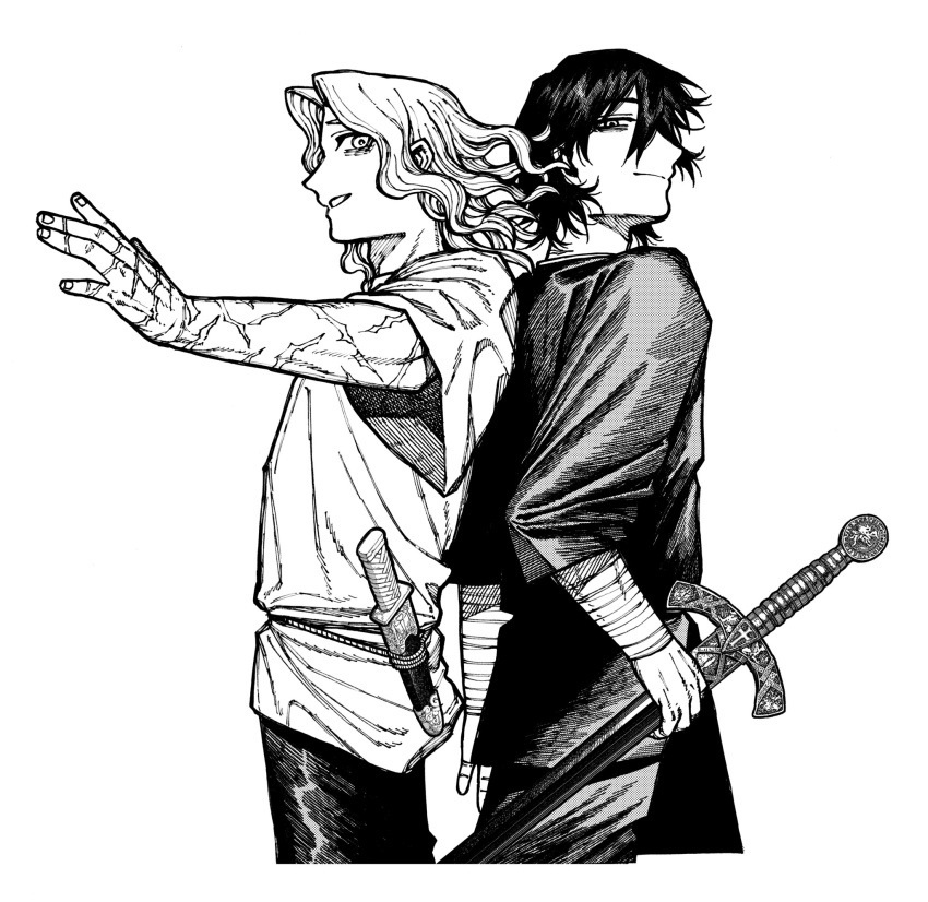 2boys, centuria_(manga), commentary_request, dagger, facing_to_the_side, hair_between_eyes, highres, julian_(centuria)