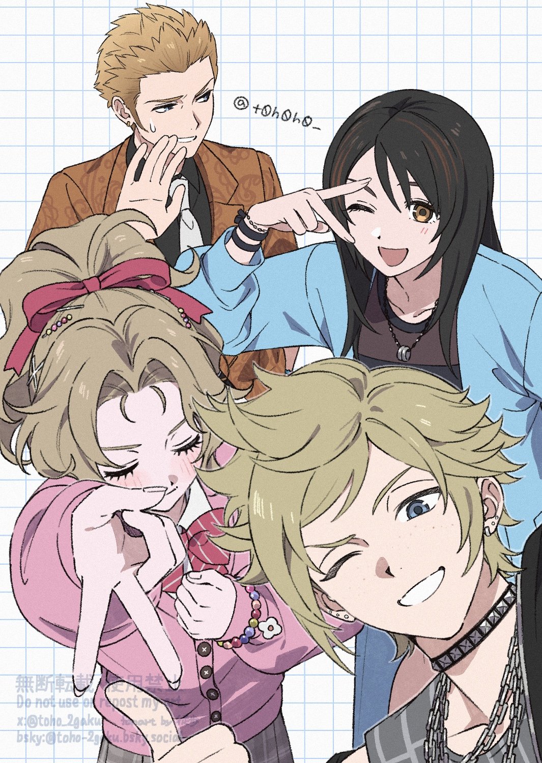 2boys, 2girls, :d, balthier, balthier_(fashionable_and_free), black_hair, blonde_hair, blue_coat
