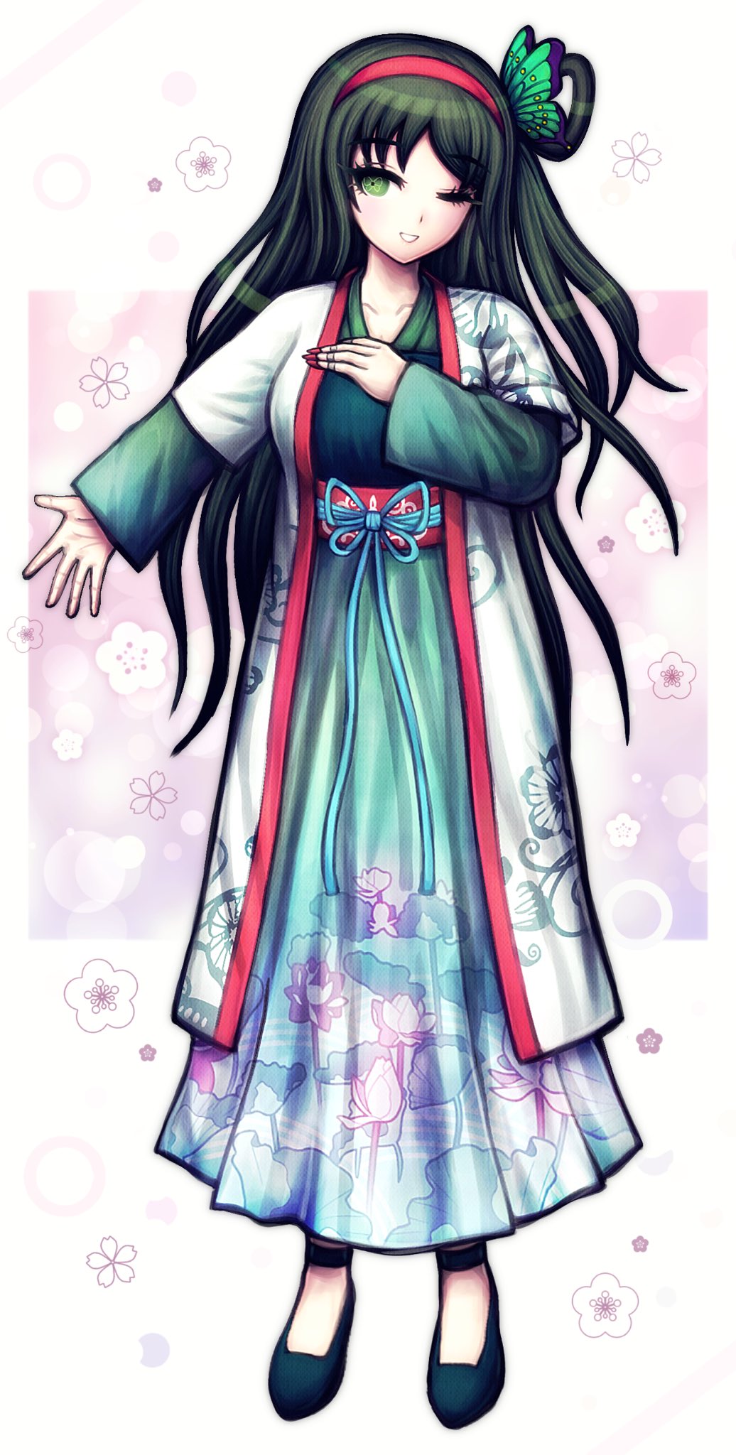 1girl, blue_ribbon, blue_shoes, butterfly-shaped_pupils, butterfly_hair_ornament, cherry_blossoms, china_dress, chinese_clothes, danganronpa:_despair_time, dress, floral_print, flower, green_eyes, green_hair, hair_ornament, hairband, hand_on_own_chest, highres, hu_jing, komatsuzaki_rui_(style), loafers, long_hair, long_ribbon, long_sleeves, ninhawesome, one_eye_closed, open_hand, outstretched_arm, pink_background, red_hairband, ribbon, sash, shoes, smile, solo, symbol-shaped_pupils, two-tone_background, white_background, wide_sleeves