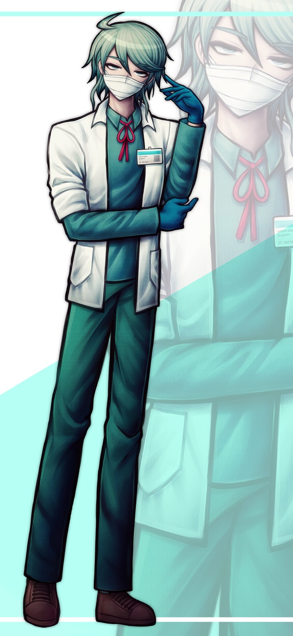 1boy, ahoge, aqua_background, aqua_hair, aqua_shirt, arm_across_chest, arturo_giles, blue_eyes