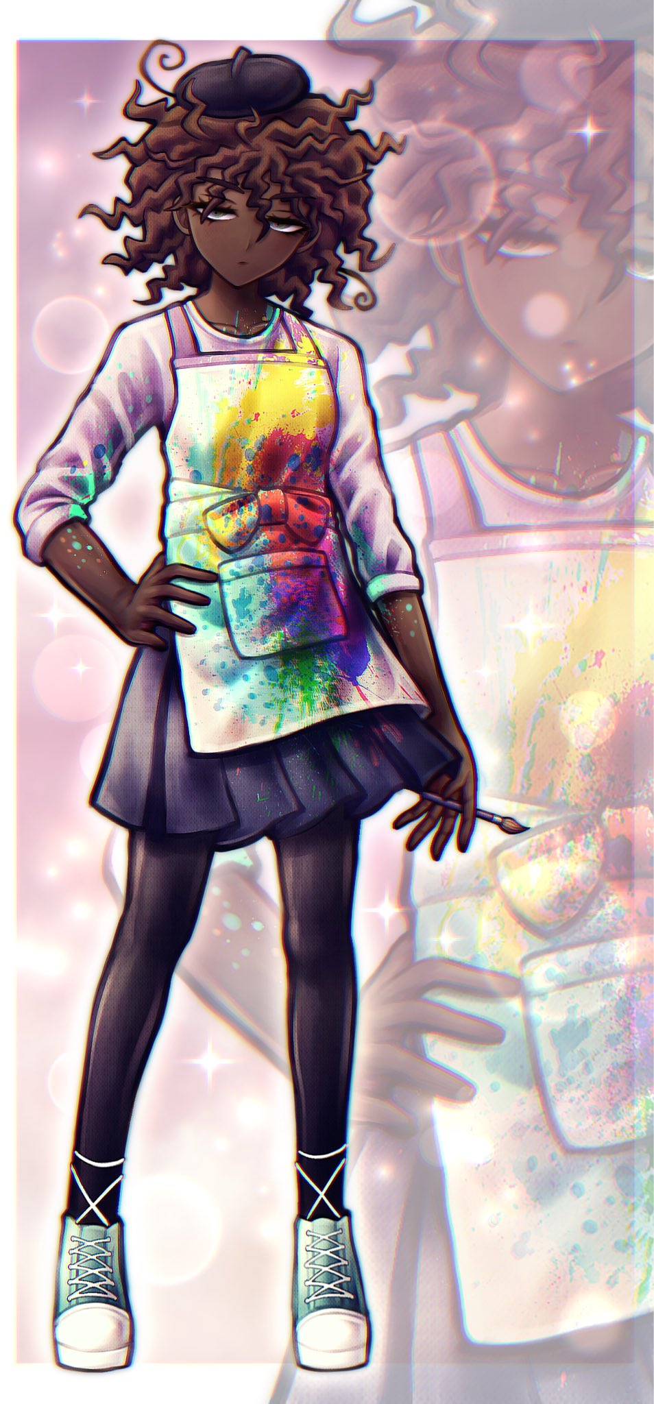 1girl, beret, black_hat, black_pantyhose, blue_shoes, blue_skirt, border, brown_hair, closed_mouth, colored_shoe_soles, curly_hair, danganronpa:_despair_time, dark-skinned_female, dark_skin, expressionless, full_body, gradient_background, grey_eyes, half-closed_eyes, hand_on_own_hip, hat, highres, holding, holding_paintbrush, komatsuzaki_rui_(style), looking_at_viewer, medium_hair, ninhawesome, paint, paint_splatter, paintbrush, pantyhose, pink_background, pleated_skirt, purple_background, rose_lacroix, shirt, shoes, skirt, sleeves_rolled_up, smock, sneakers, solo, sparkle, tied_shirt, very_dark_skin, white_border, white_shirt, zoom_layer