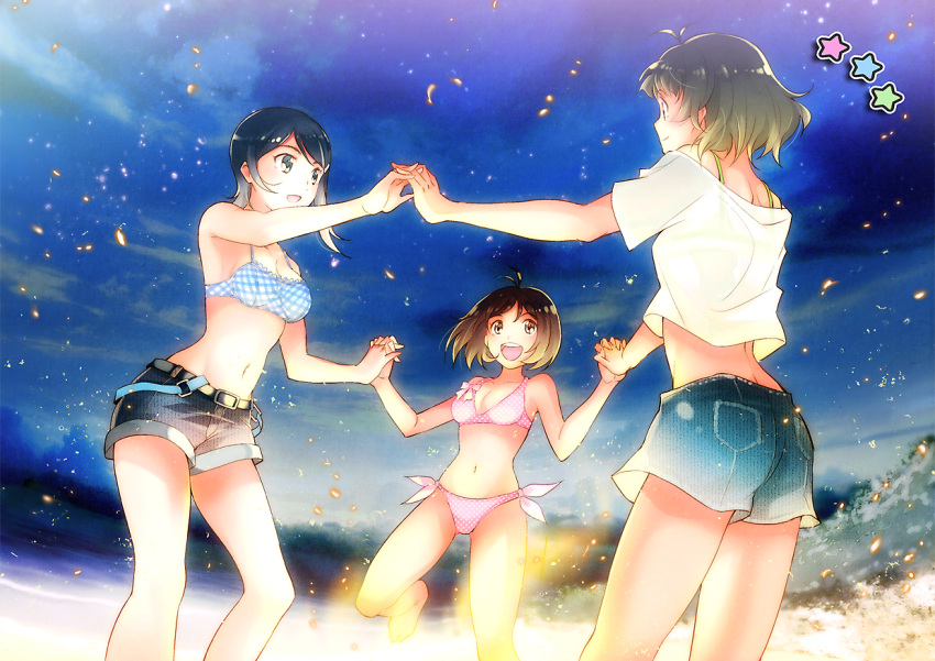 2girls, akizuki_ryou, bikini, blue_hair, brown_hair, casual, denim, denim_shorts