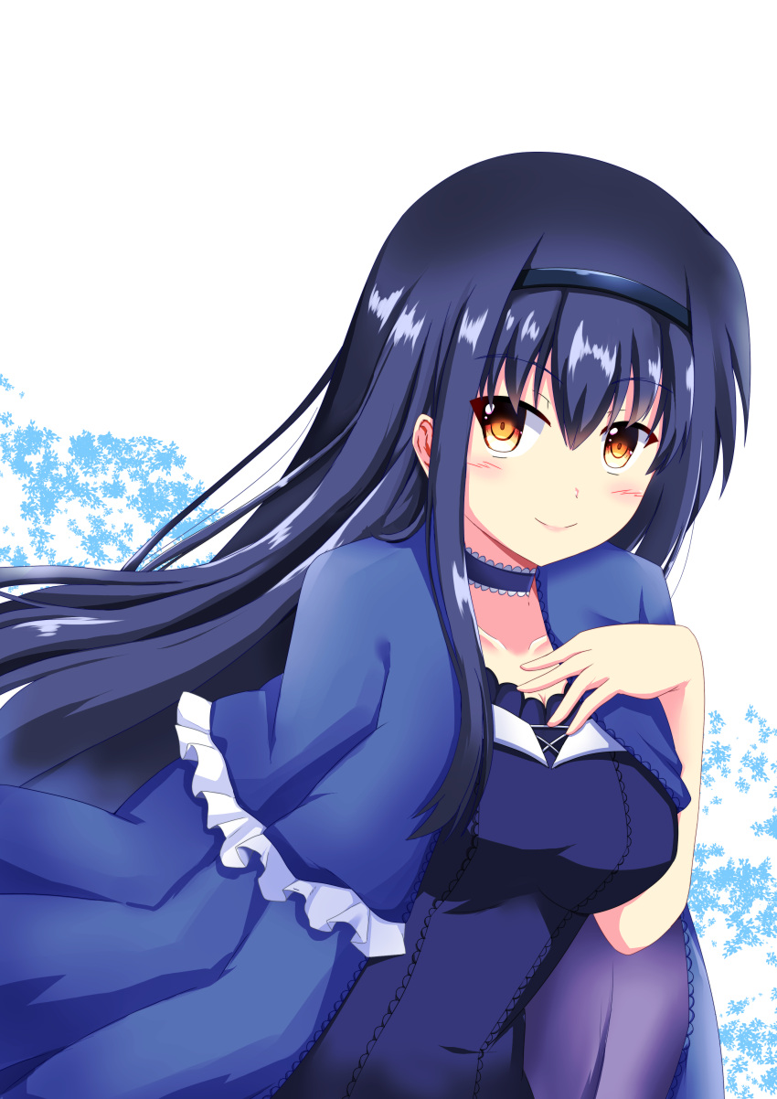 1girl, absurdres, black_camisole, black_choker, black_hair, black_hairband, blue_capelet, blush, breasts, camisole, capelet, choker, closed_mouth, collarbone, commentary_request, frilled_camisole, frilled_capelet, frilled_choker, frills, hair_between_eyes, hairband, hand_on_own_chest, hand_up, highres, kushima_kamome, large_breasts, lips, long_hair, orange_eyes, sekibaracheice, sidelocks, simple_background, smile, solo, split_mouth, straight_hair, summer_pockets, upper_body, very_long_hair, white_background