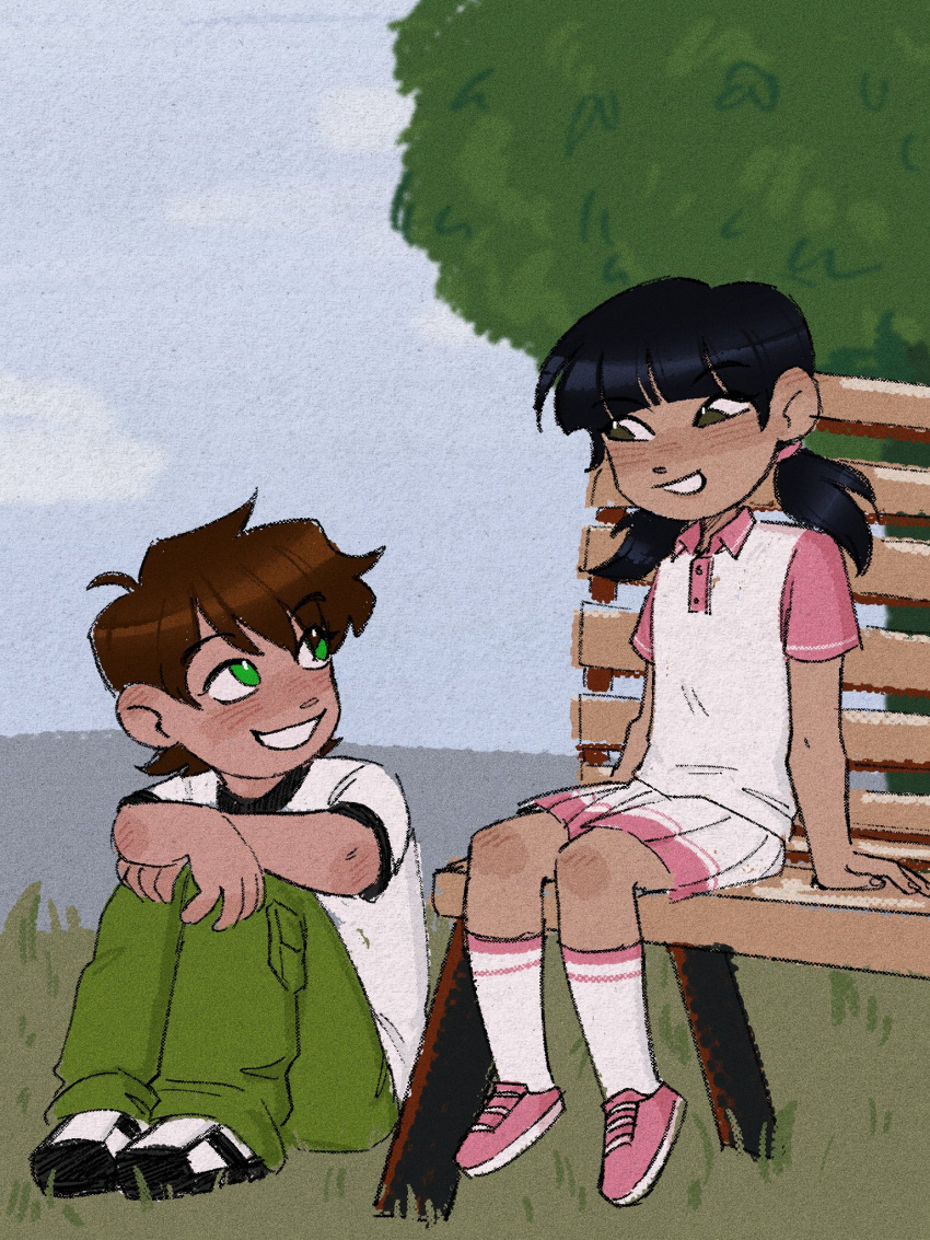 1boy, 1girl, arms_on_knees, ben_10, ben_tennyson, bench, black_hair, brown_hair