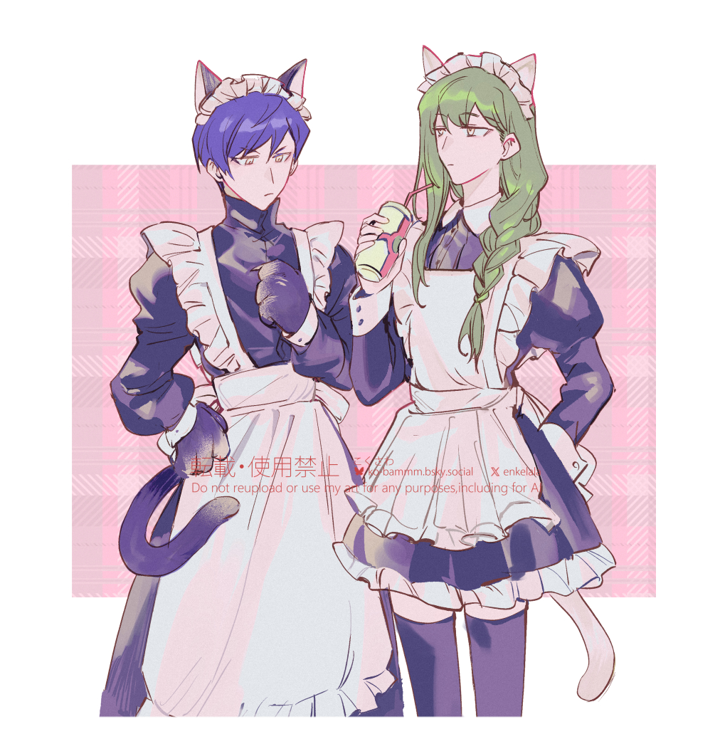 2boys, animal_ears, animal_hands, apron, black_dress, black_thighhighs, braid, braided_ponytail