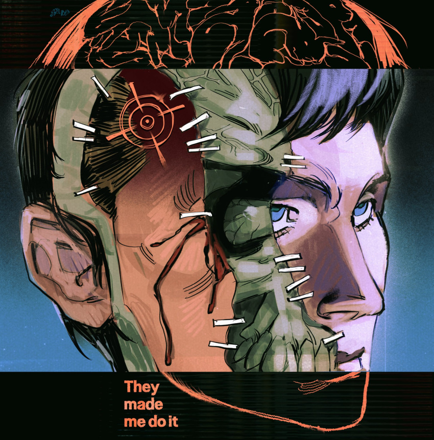 1boy, black_hair, blue_eyes, commentary, donnie_darko, english_commentary, english_text, frank_anderson