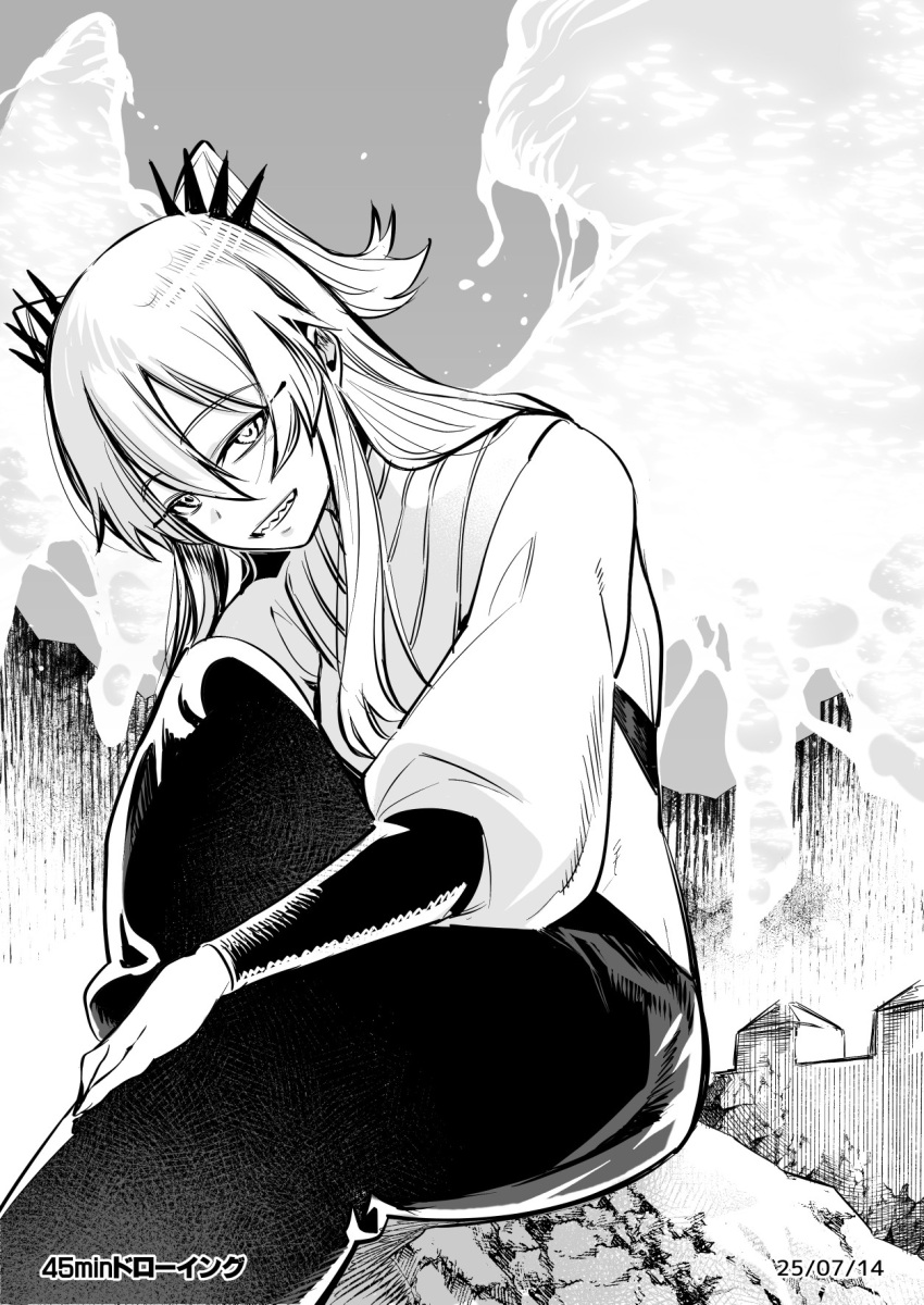 1girl, akinaie, centuria_(manga), clothing_cutout, commentary_request, dated, fortress, hair_between_eyes