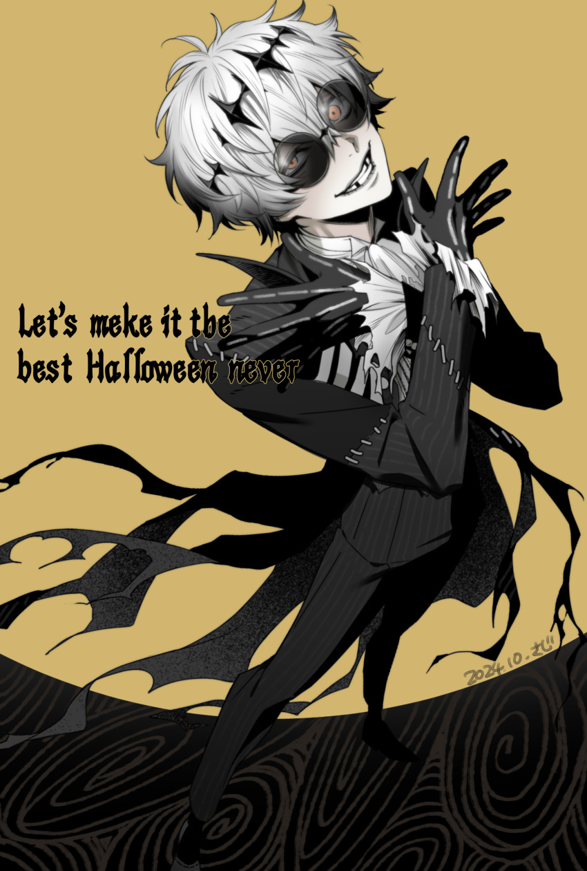 1boy, absurdres, ascot, black_coat, black_gloves, chapped_lips, coat, english_text