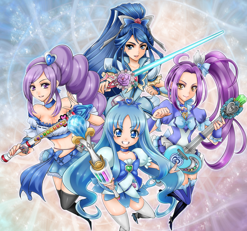 4girls, aono_miki, bare_shoulders, berry_sword, black_legwear, blue_eyes, blue_hair, blue_legwear