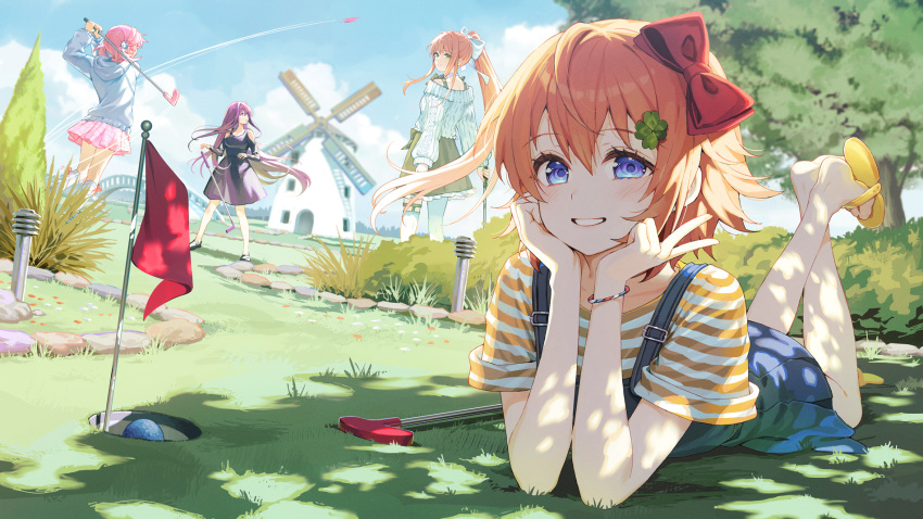 4girls, ball, birthday, black_dress, blue_eyes, bow, bracelet, bush