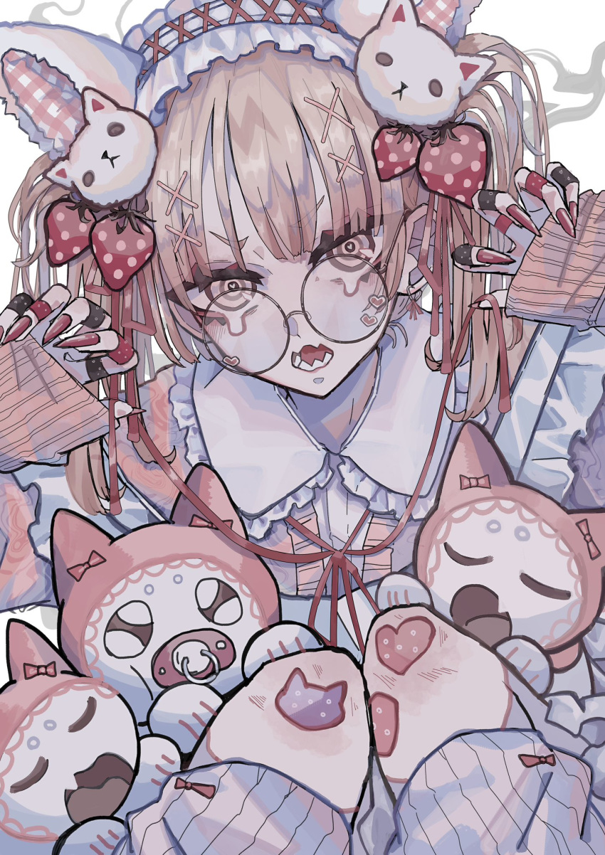 1girl, animal_ear_hairband, animal_ears, apron, bandaid, bandaid_on_finger, bandaid_on_hand, blonde_hair