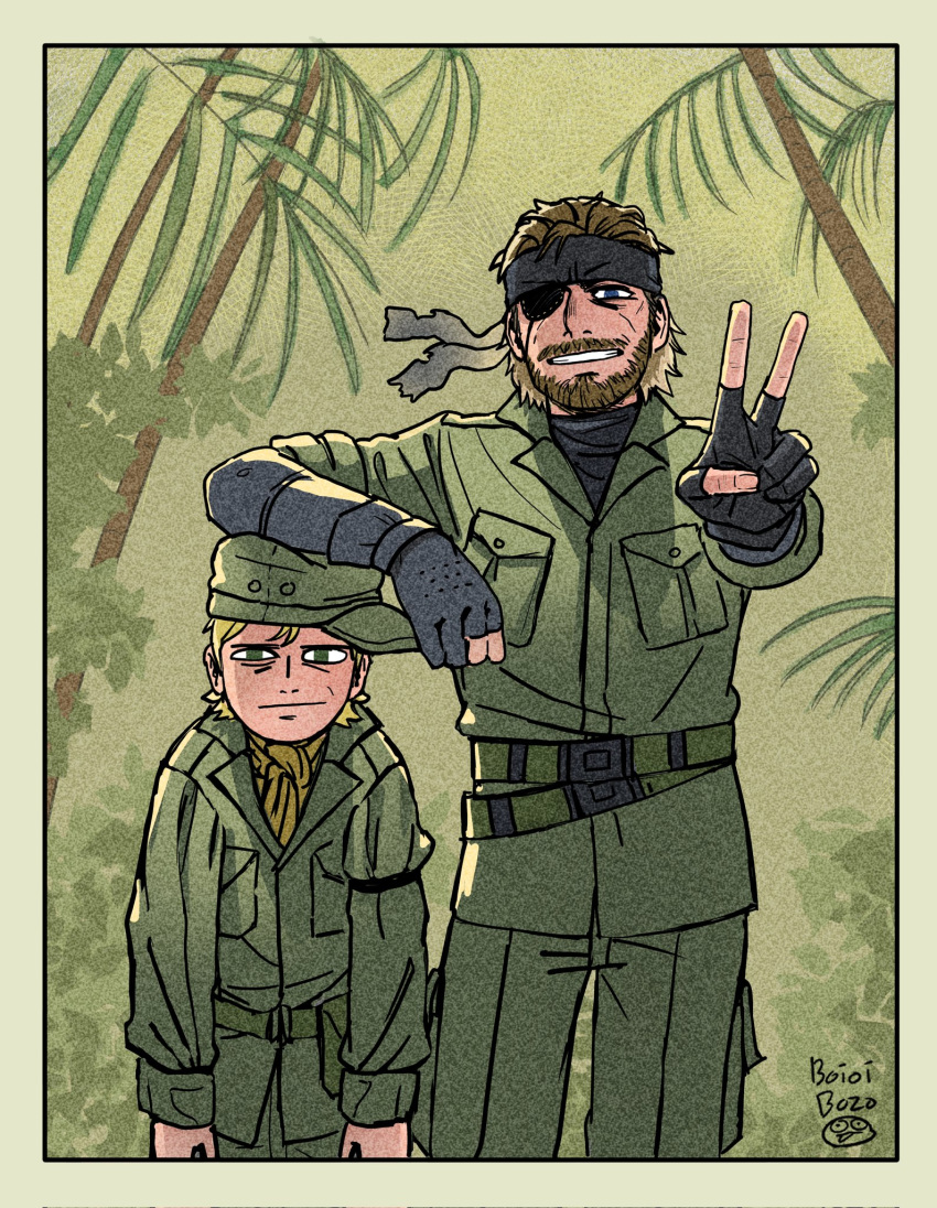 2boys, :|, arm_on_another's_head, arm_rest, beard, big_boss, black_gloves, black_headband