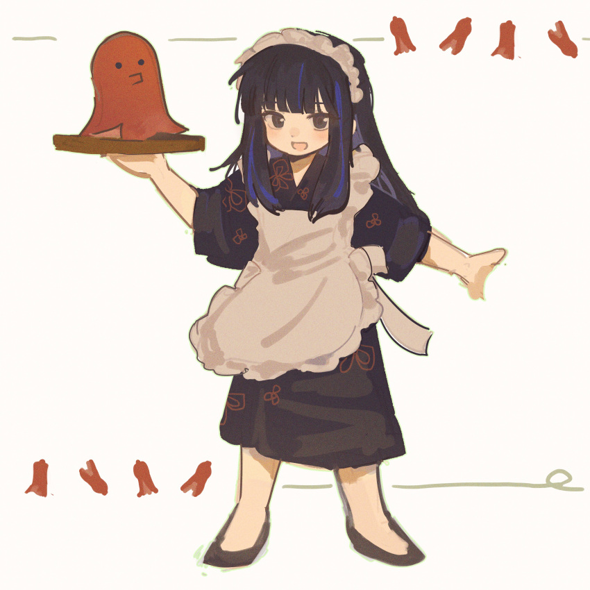 1girl, :d, absurdres, apron, araya_(project_moon), bad_anatomy, bad_hands, black_dress