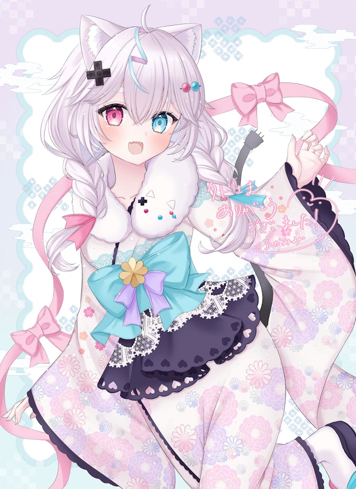 blue_bow, blue_bowtie, blush, bow, bowtie, braid, cat_girl, commentary_request