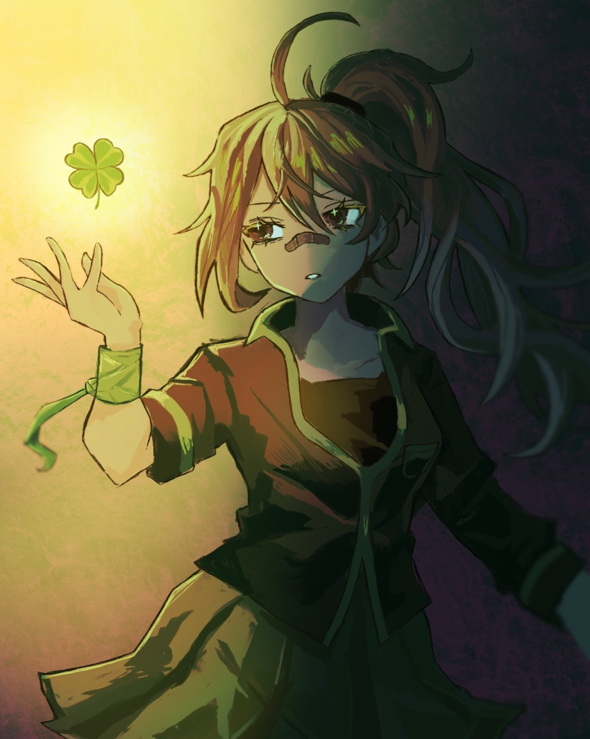 1girl, ahoge, arm_ribbon, arm_up, bandaid, bandaid_on_face, bandaid_on_nose, black_shirt, breasts, brown_eyes, brown_hair, clover, commentary, danganronpa:_despair_time, english_commentary, four-leaf_clover, glowing, glowing_plants, gradient_hair, green_ribbon, green_skirt, green_trim, grey_hair, grey_jacket, hair_between_eyes, high_ponytail, highres, jacket, long_hair, long_sleeves, medium_breasts, multicolored_hair, open_hand, parted_lips, ponytail, ribbon, shirt, single_sidelock, skirt, sleeve_rolled_up, solo, teruko_tawaki, tynney