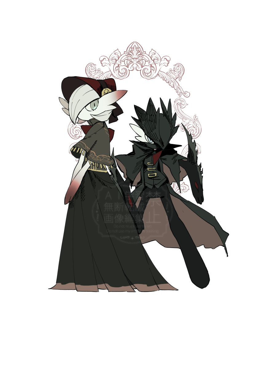 1boy, 1girl, absurdres, alternate_color, anse1289567, arm_blade, bloodborne, bonnet, cloak, clothed_pokemon, cosplay, crossover, dress, gallade, gardevoir, hat, highres, hunter_(bloodborne), hunter_(bloodborne)_(cosplay), plain_doll, plain_doll_(cosplay), pokemon, pokemon_(creature), tricorne, weapon, white_hair